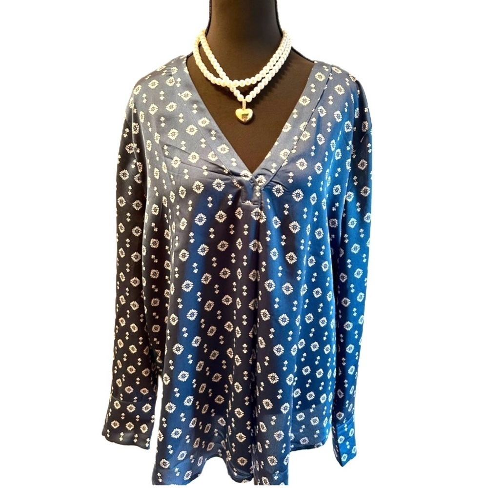 Ann Taylor Navy Blue Blouse with White Pattern, XL